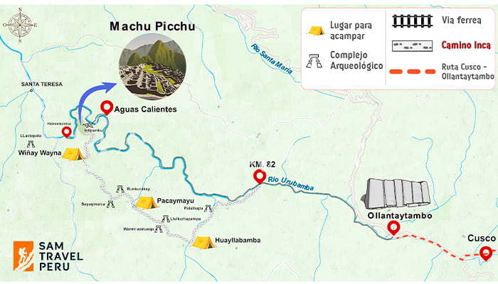 Mapa del camino inca a machu picchu